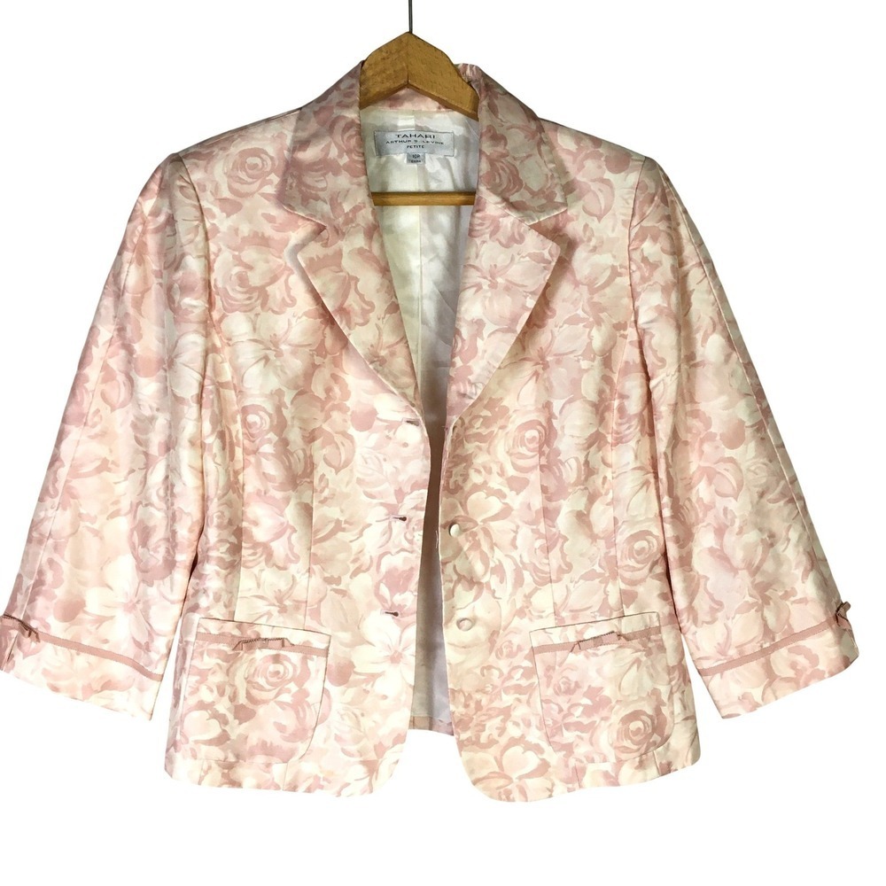 Tahari Arthur S. Levine Petite Floral Rose Blazer Jacket Pink‎ Silk Womens 10P